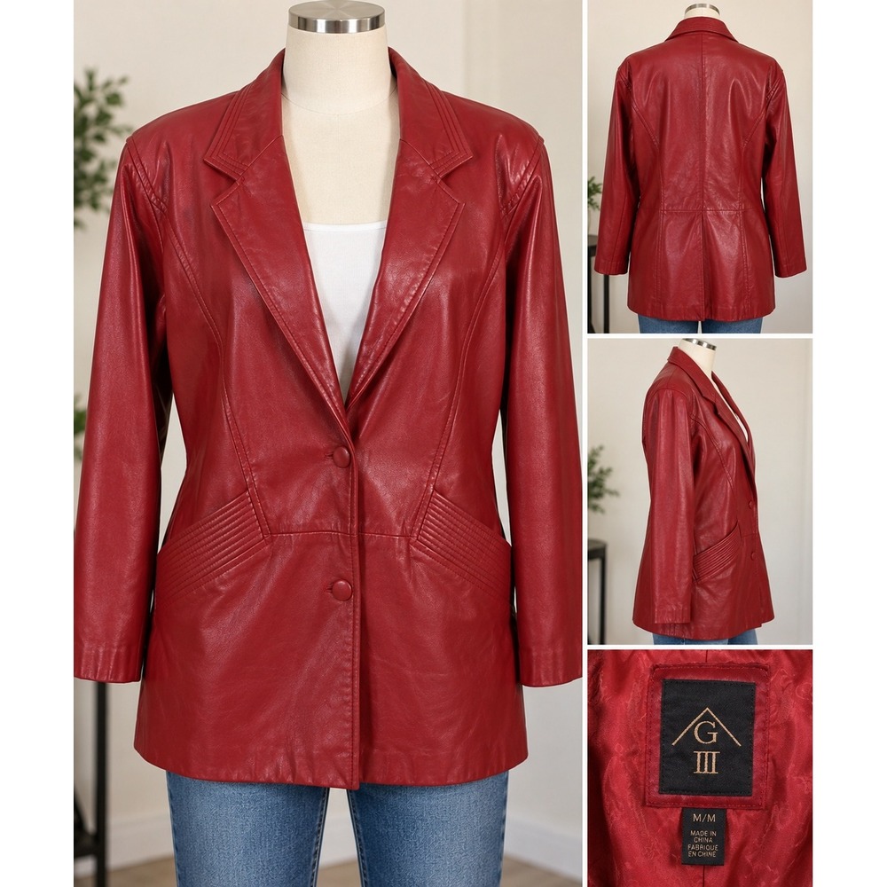 Vintage G-III Women Medium Cherry Red Genuine Leather Blazer Trench Coat Lining